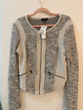 DREW Cream and Black Textured Knit Zip Jacket Tweed Feminine Office Casual Sz M